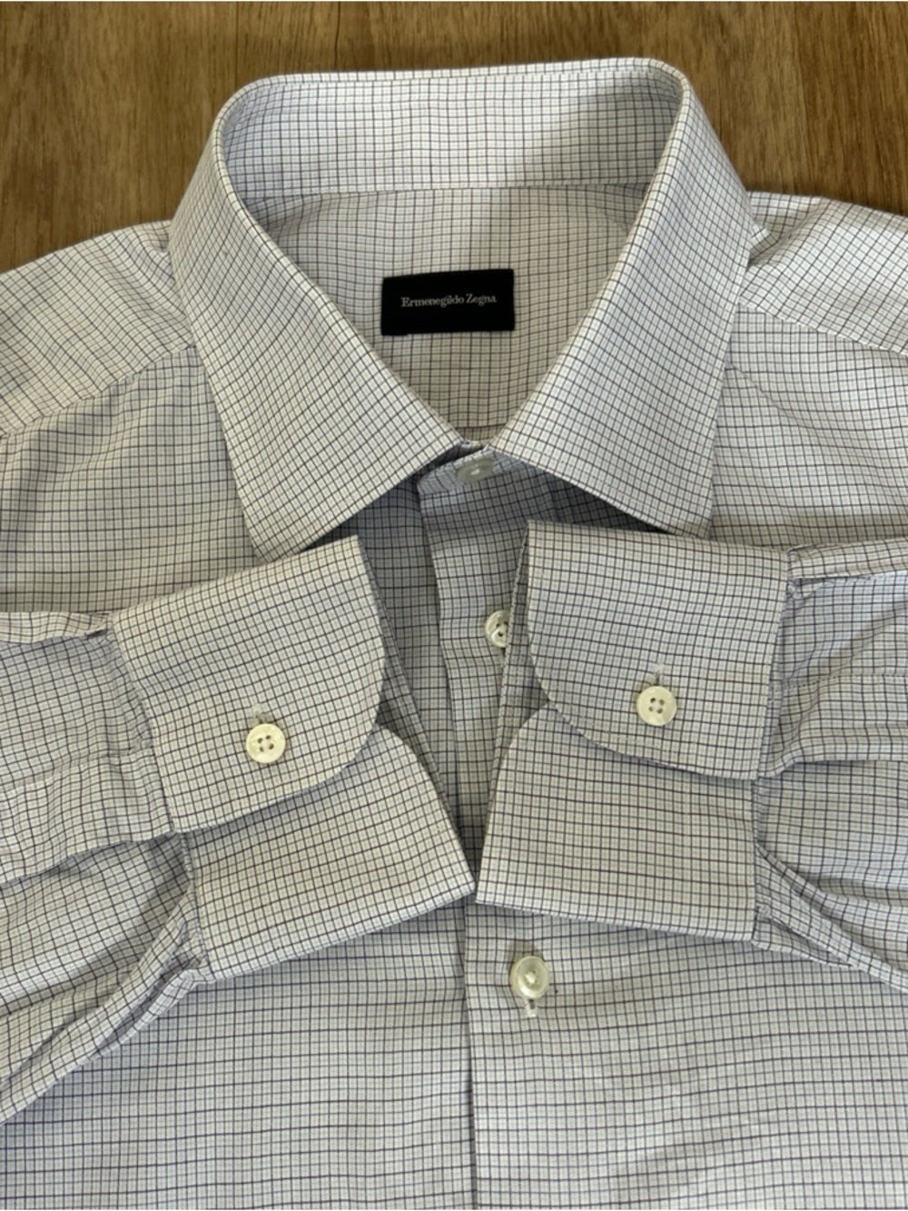 Ermenegildo Zegna White Shirt with Gray Grid Check 43/17 L